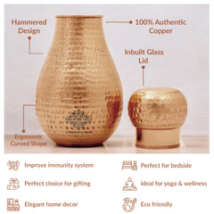 Pure Copper Hammered Design Bedroom Water Bottle with Inbuilt Glass