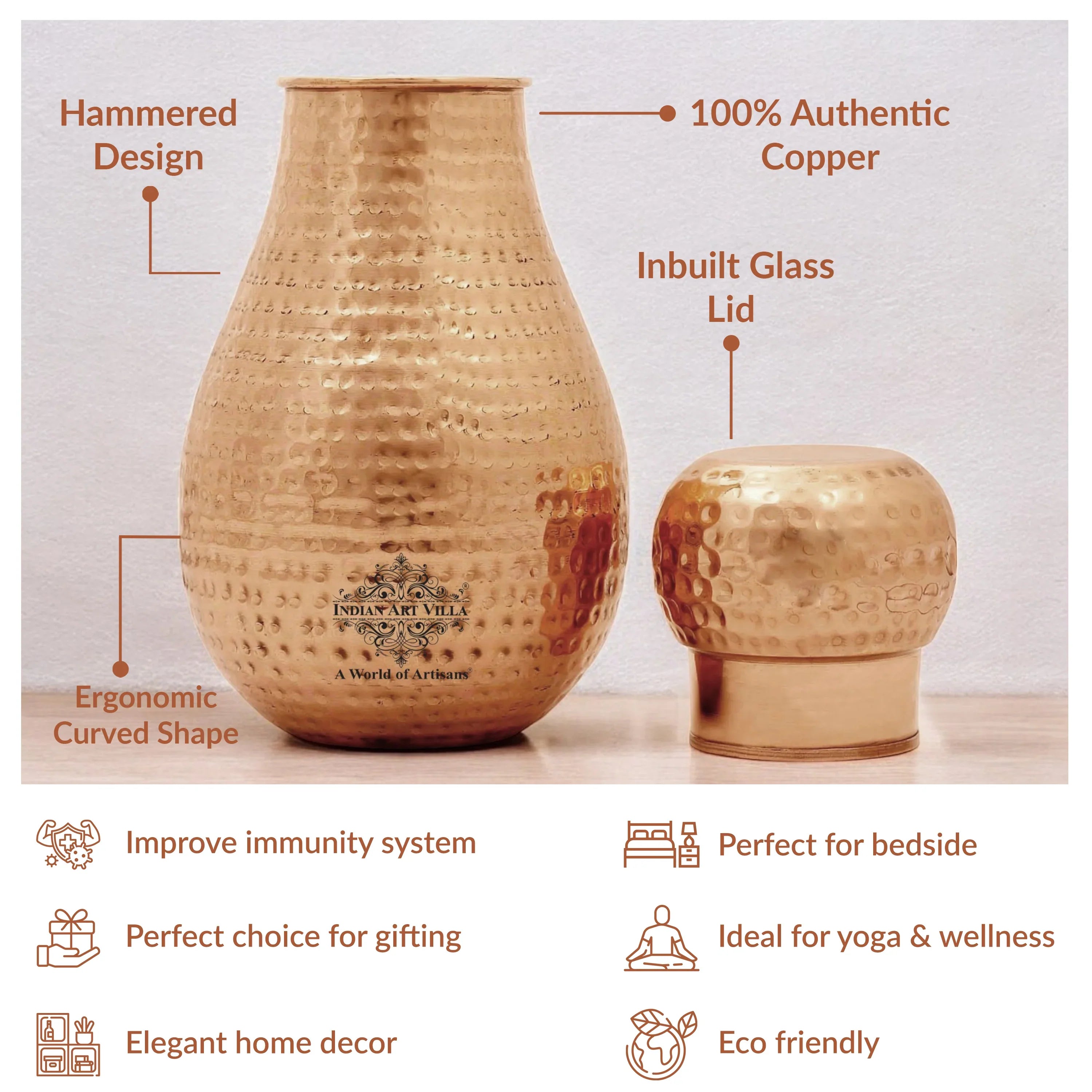 Pure Copper Hammered Design Bedroom Water Bottle with Inbuilt Glass