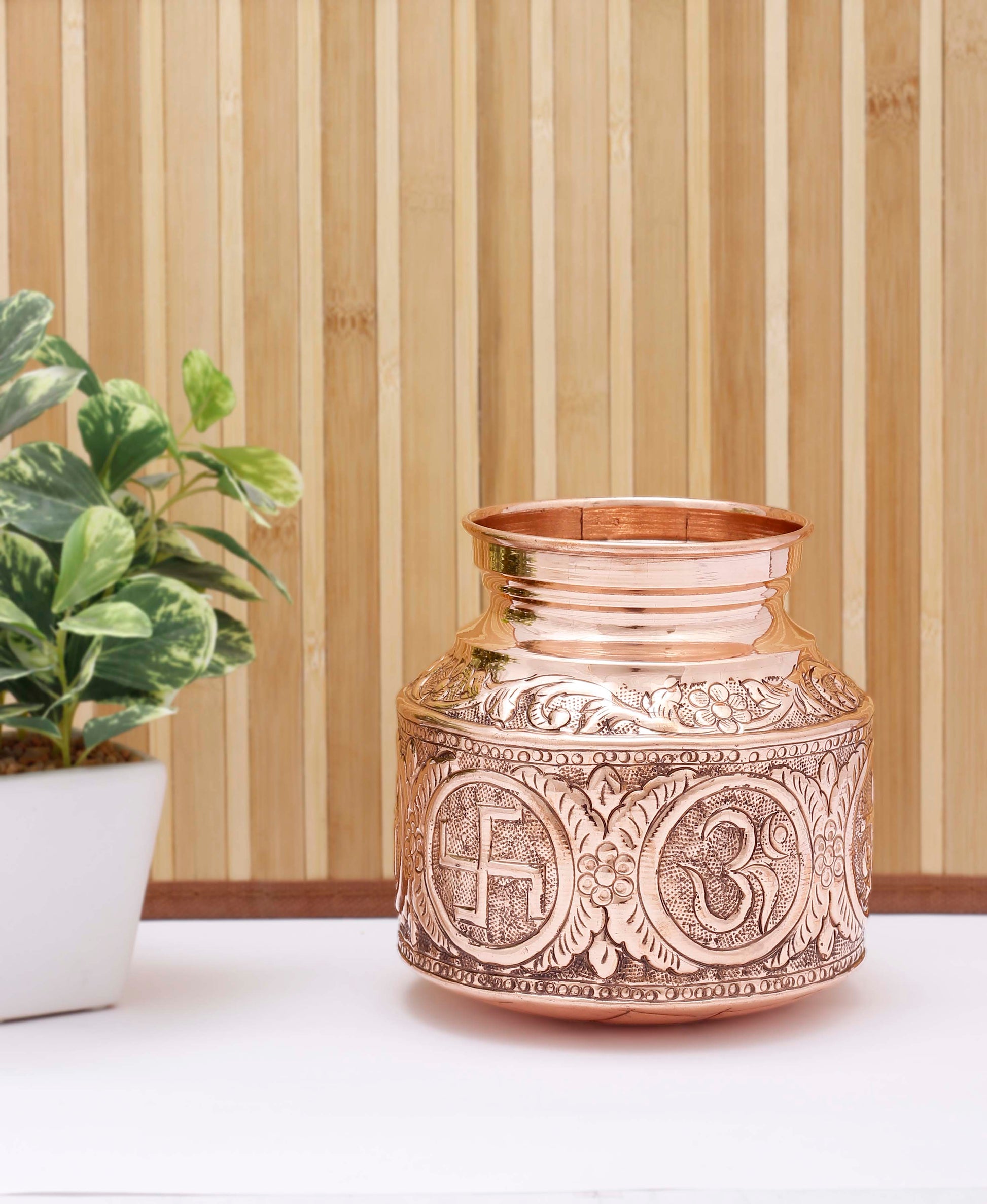 Handcrafted Pure Copper Om Swasthik Shree Design Lota For Spiritual & Puja