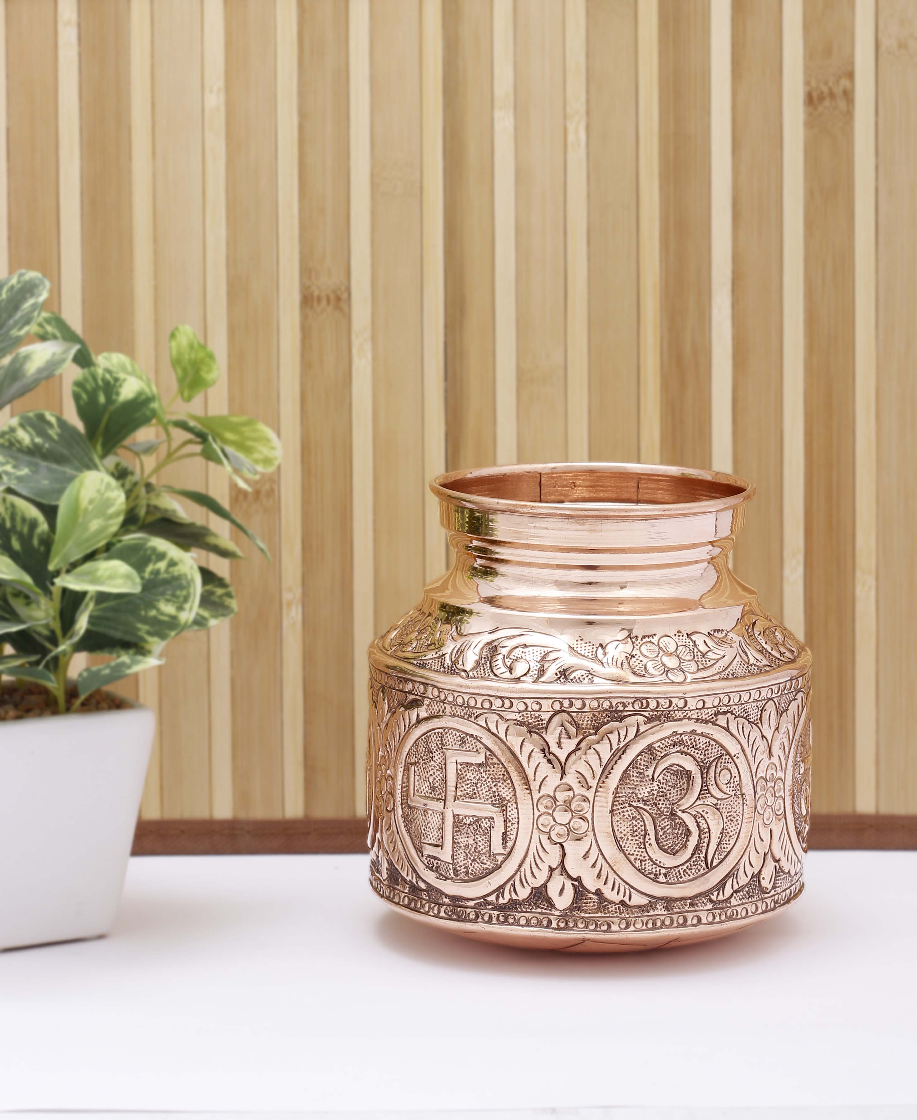 Handcrafted Pure Copper Om Swasthik Shree Design Lota For Spiritual & Puja