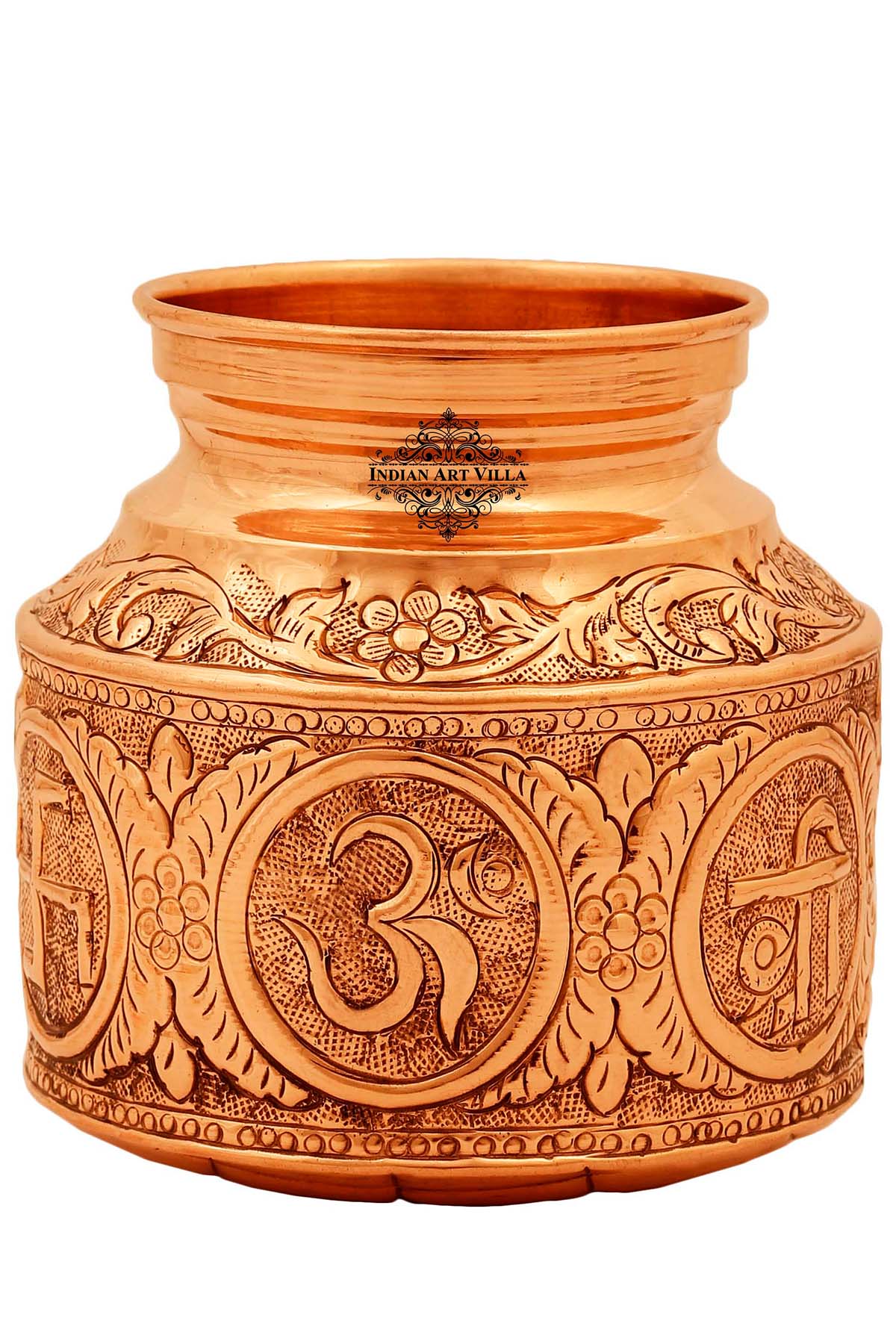Handcrafted Pure Copper Om Swasthik Shree Design Lota For Spiritual & Puja