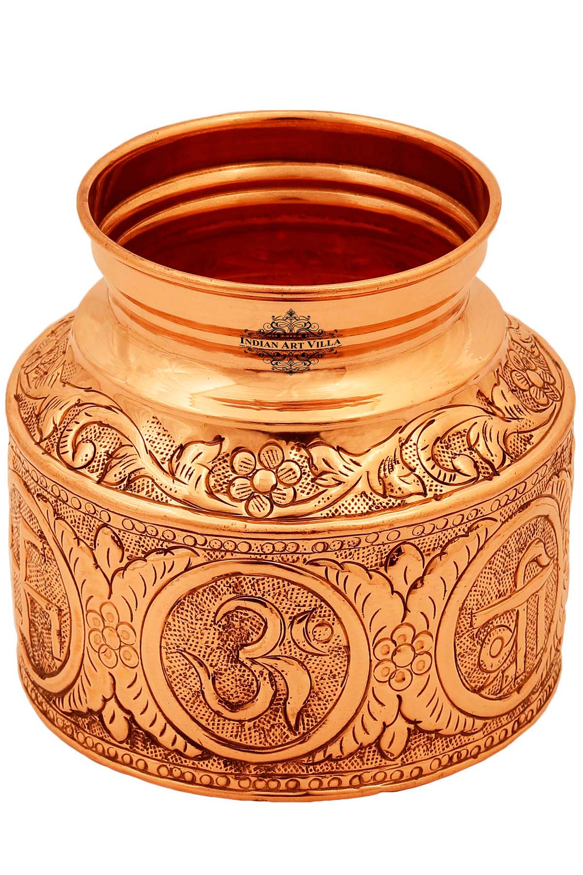 Handcrafted Pure Copper Om Swasthik Shree Design Lota For Spiritual & Puja