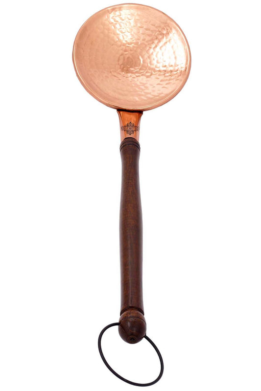 Copper Hammered Serving Spoon With Wooden Handle And Hanging Ring  39.37 CMS