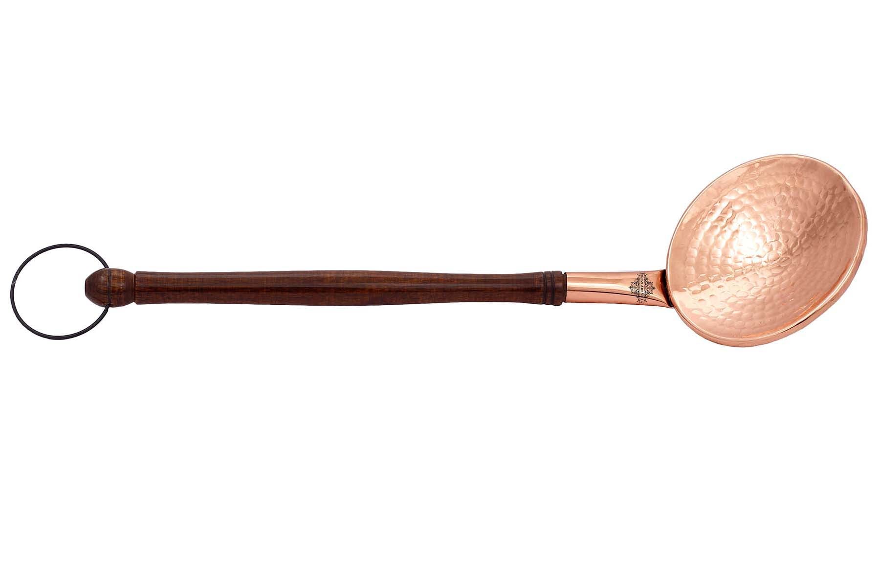 Copper Hammered Serving Spoon With Wooden Handle And Hanging Ring  39.37 CMS