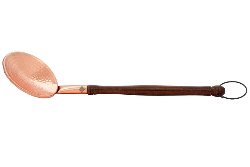 Copper Hammered Serving Spoon With Wooden Handle And Hanging Ring  39.37 CMS