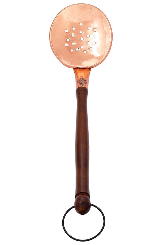 Copper Slotted Serving Spoon With Wooden Handle And Hanging Ring  38.86 cm
