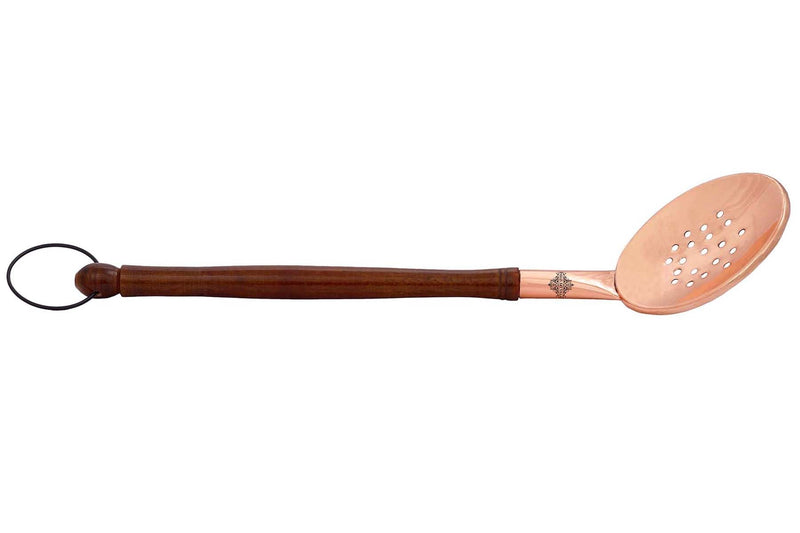 Copper Slotted Serving Spoon With Wooden Handle And Hanging Ring  38.86 cm