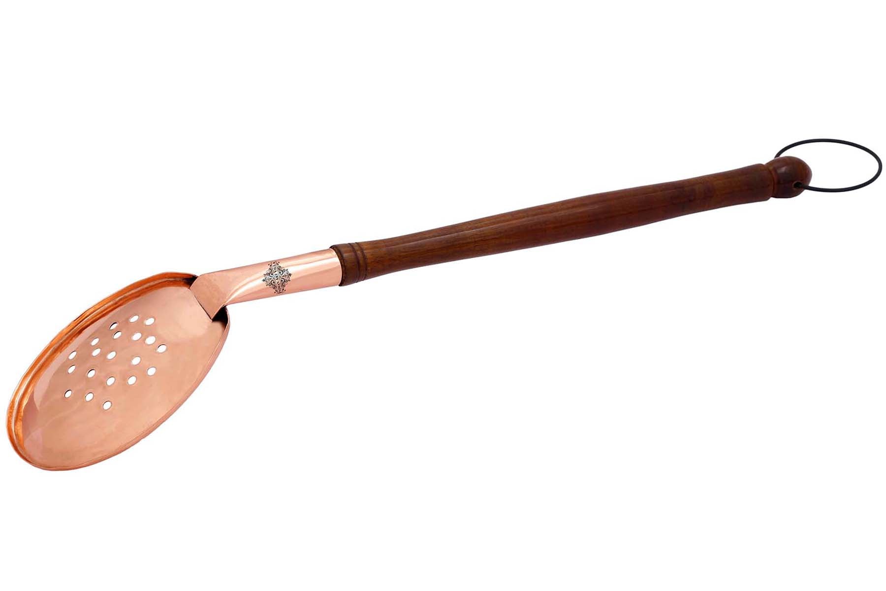 Copper Slotted Serving Spoon With Wooden Handle And Hanging Ring  38.86 cm