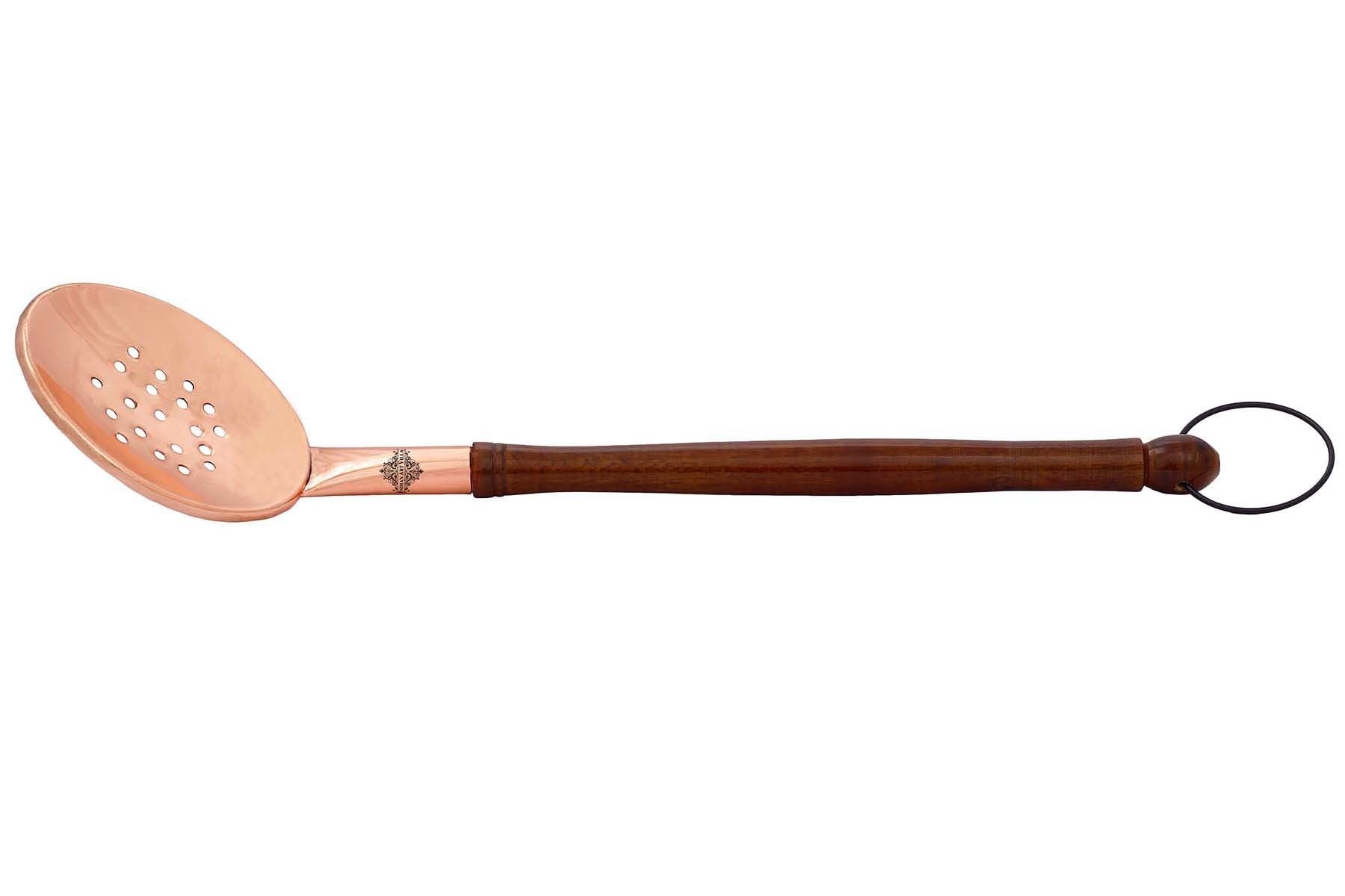 Copper Slotted Serving Spoon With Wooden Handle And Hanging Ring  38.86 cm