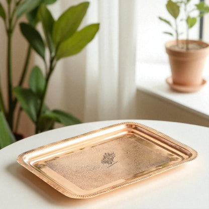 Pure Copper Embossed Flower Design Rectangular Tray - 26.92 cm Length