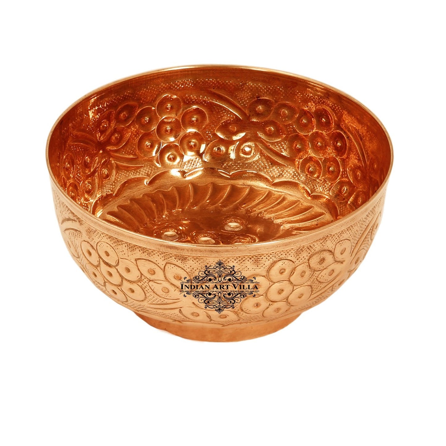 Pure Copper Embossed Flower Design Bowl Volume 580ml, Brown