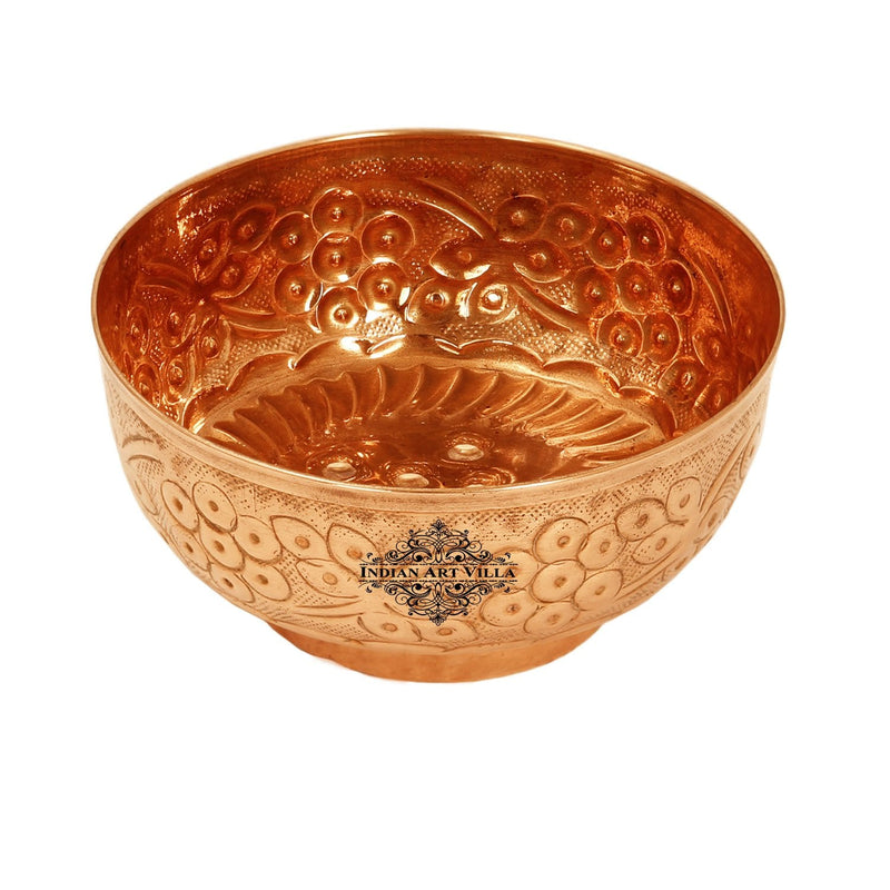 Pure Copper Embossed Flower Design Bowl Volume 580ml, Brown