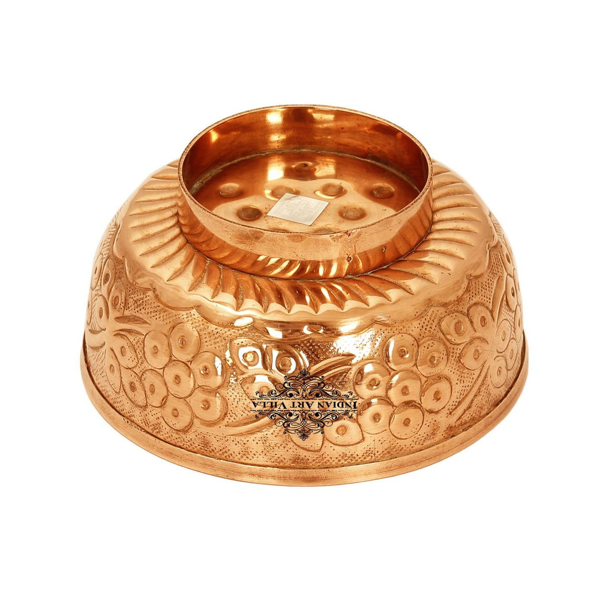 Pure Copper Embossed Flower Design Bowl Volume 580ml, Brown