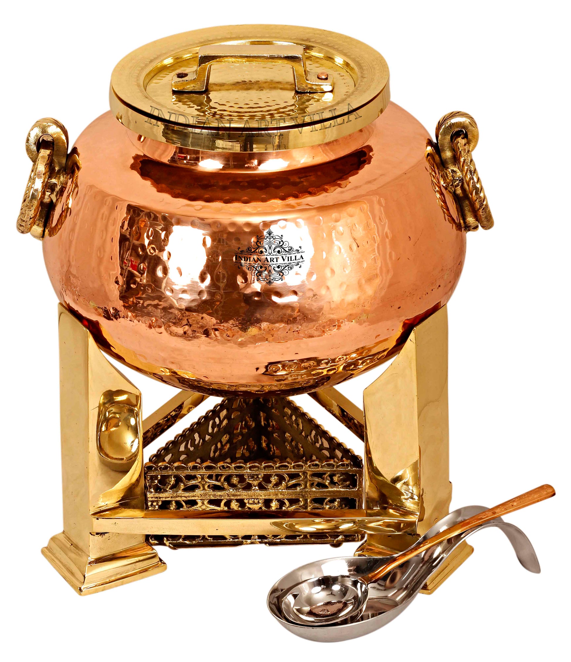 Steel Copper Hammered Chafing Dish with Brass fuel Gel Stand & Spoons
