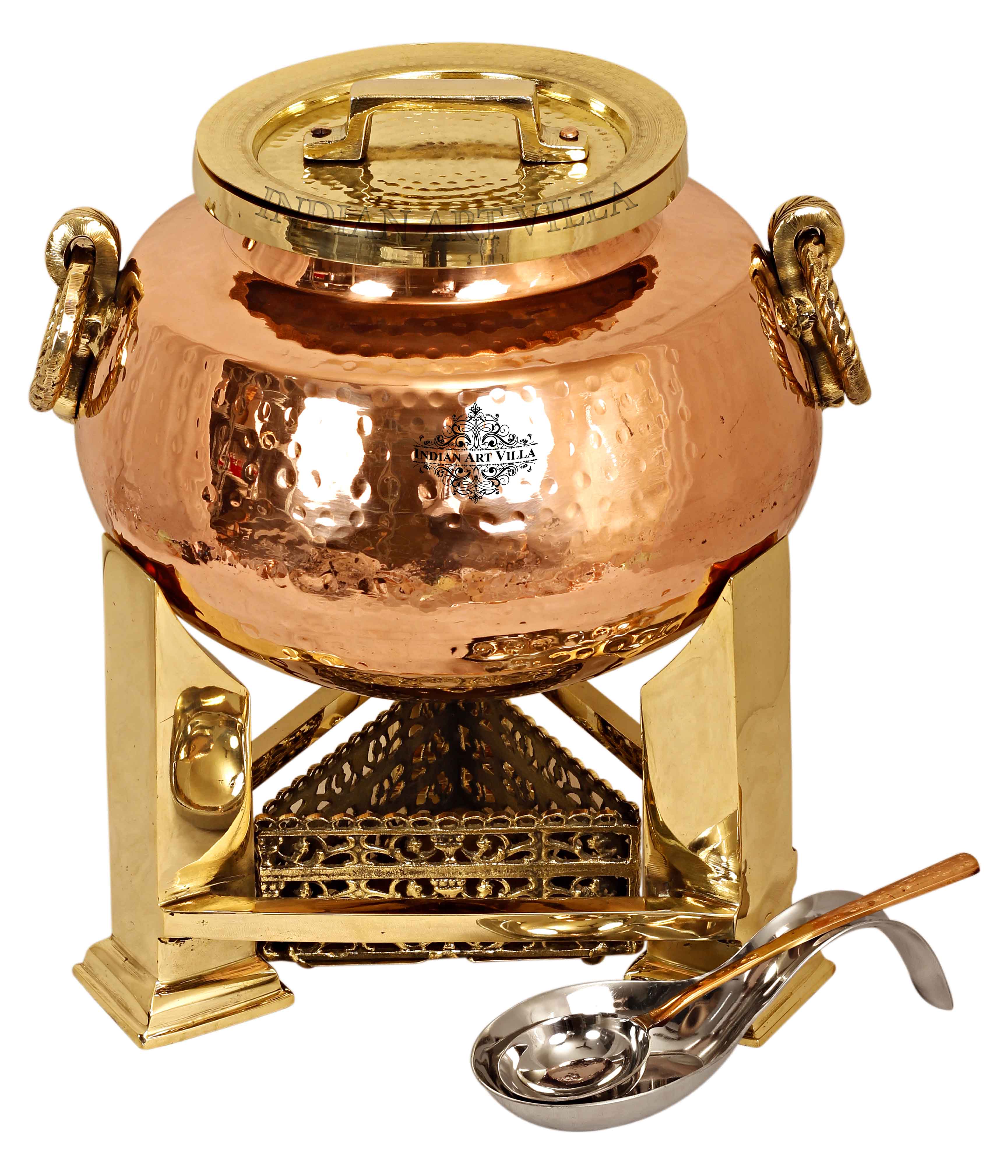 Steel Copper Hammered Chafing Dish with Brass fuel Gel Stand & Spoons