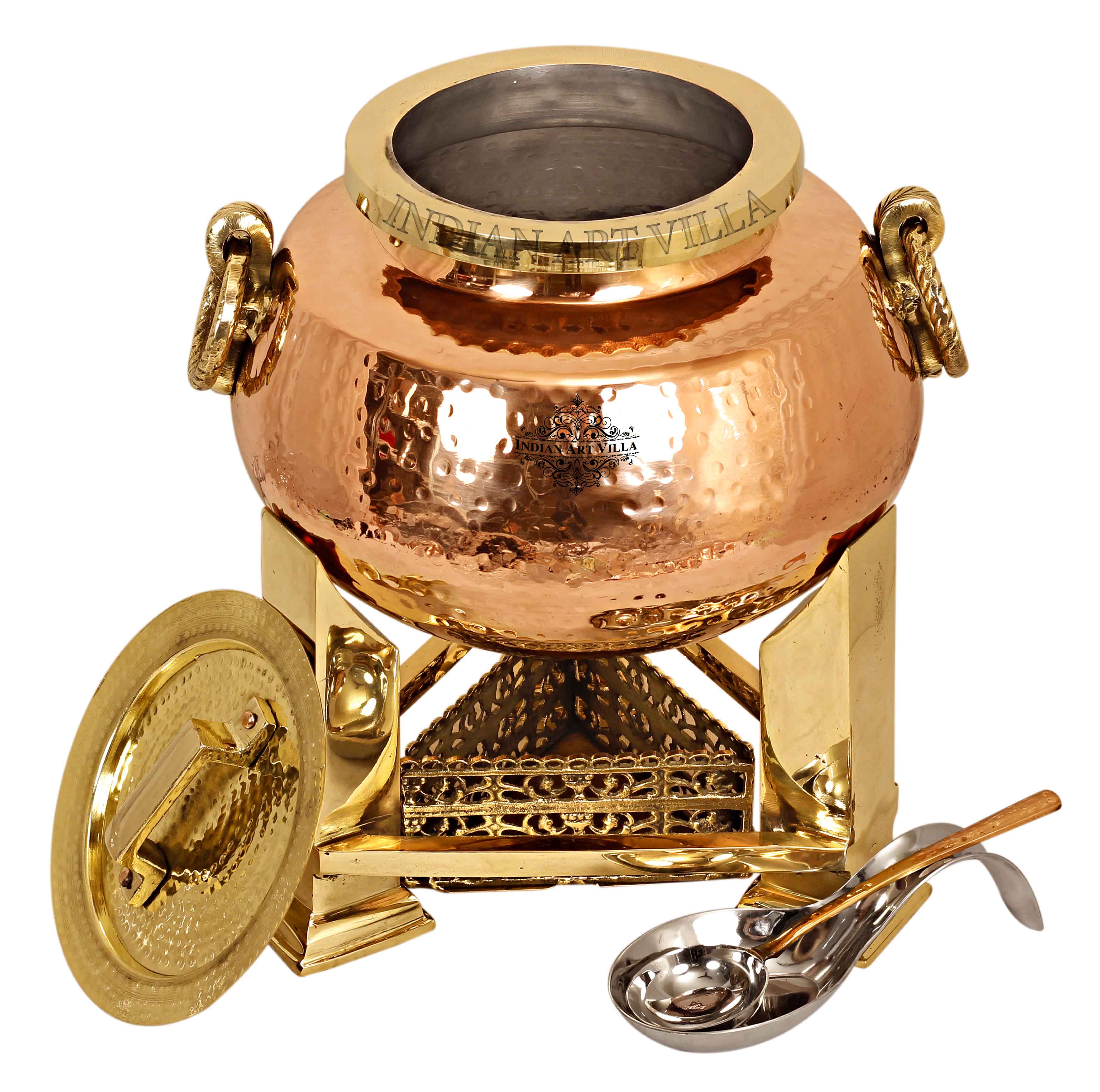 Steel Copper Hammered Chafing Dish with Brass fuel Gel Stand & Spoons