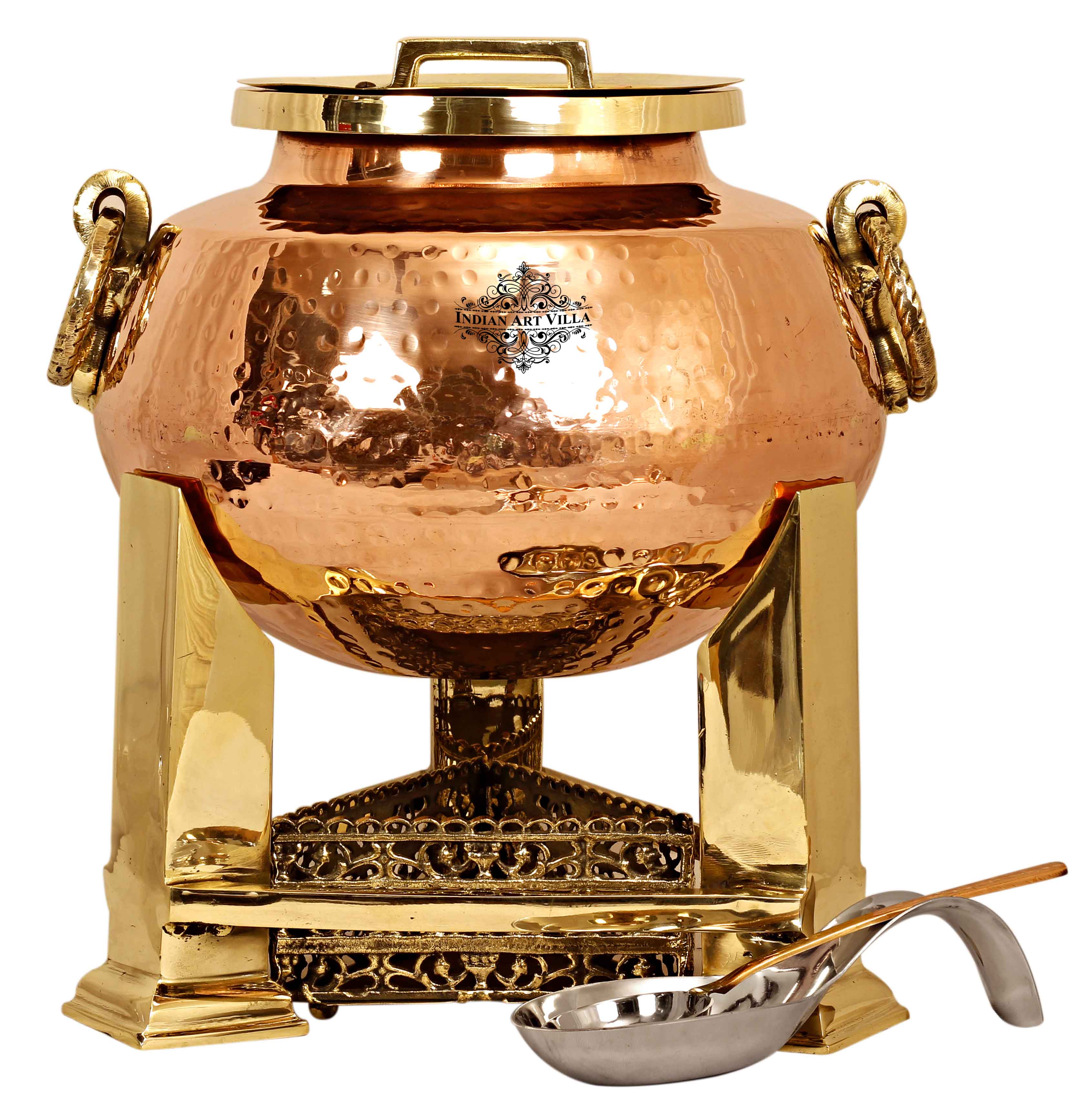 Steel Copper Hammered Chafing Dish with Brass fuel Gel Stand & Spoons