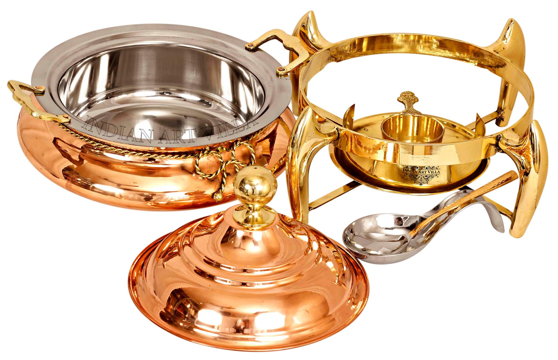Pure Steel Copper Chafing Dish with Brass fuel Gel Stand & Serving Spoon