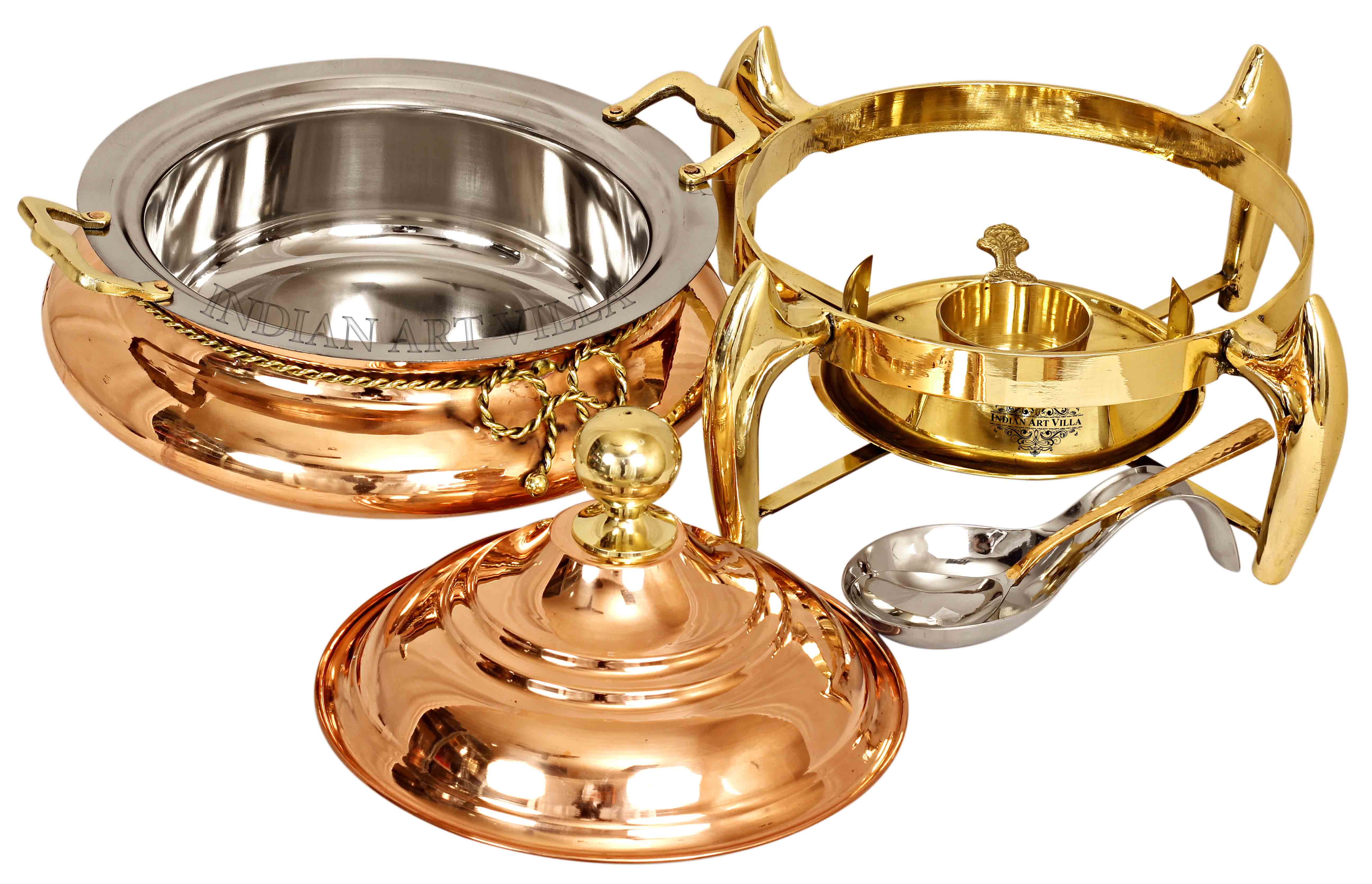 Pure Steel Copper Chafing Dish with Brass fuel Gel Stand & Serving Spoon