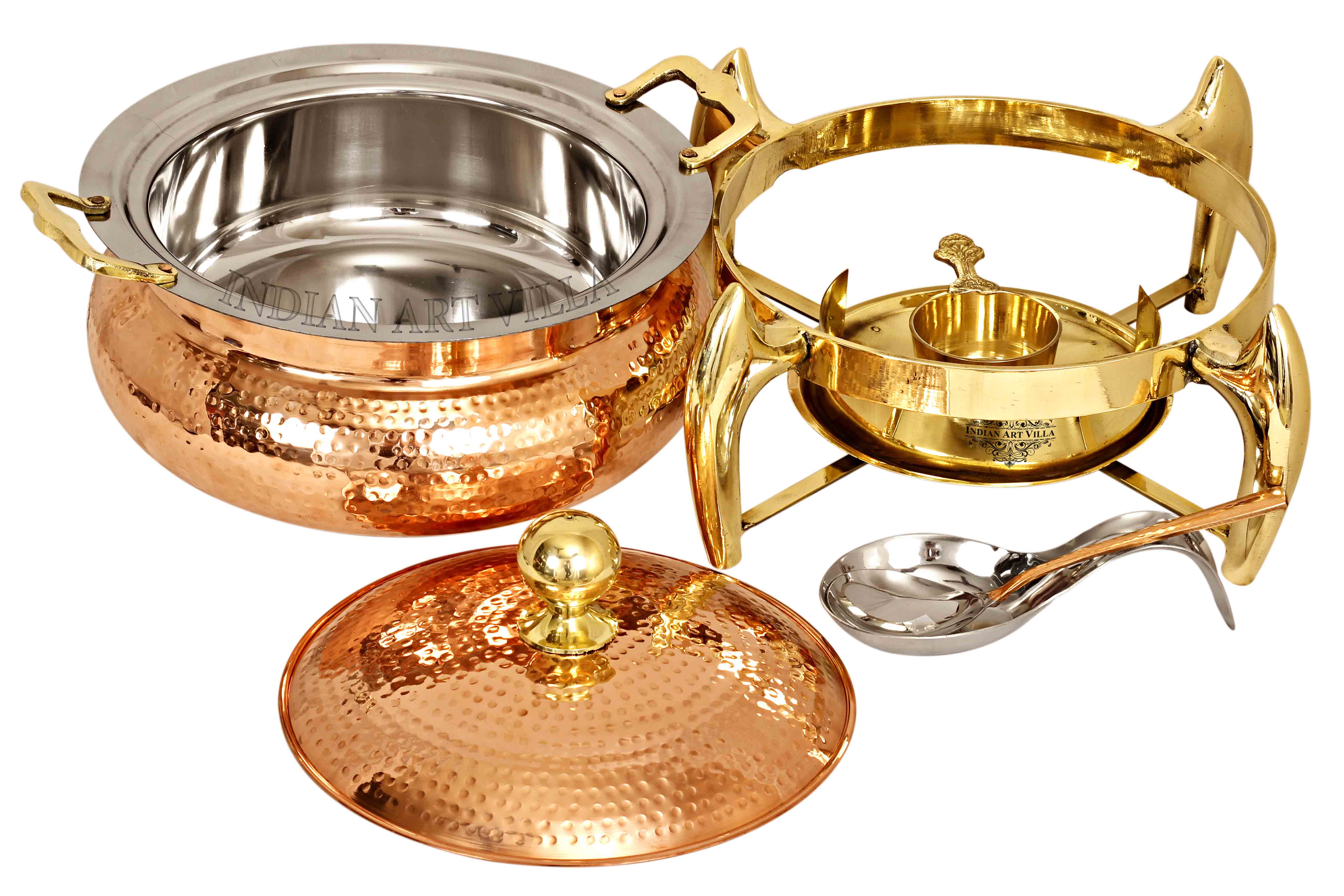 Pure Steel Copper Chafing Dish with Brass fuel Gel Stand & Serving Spoon