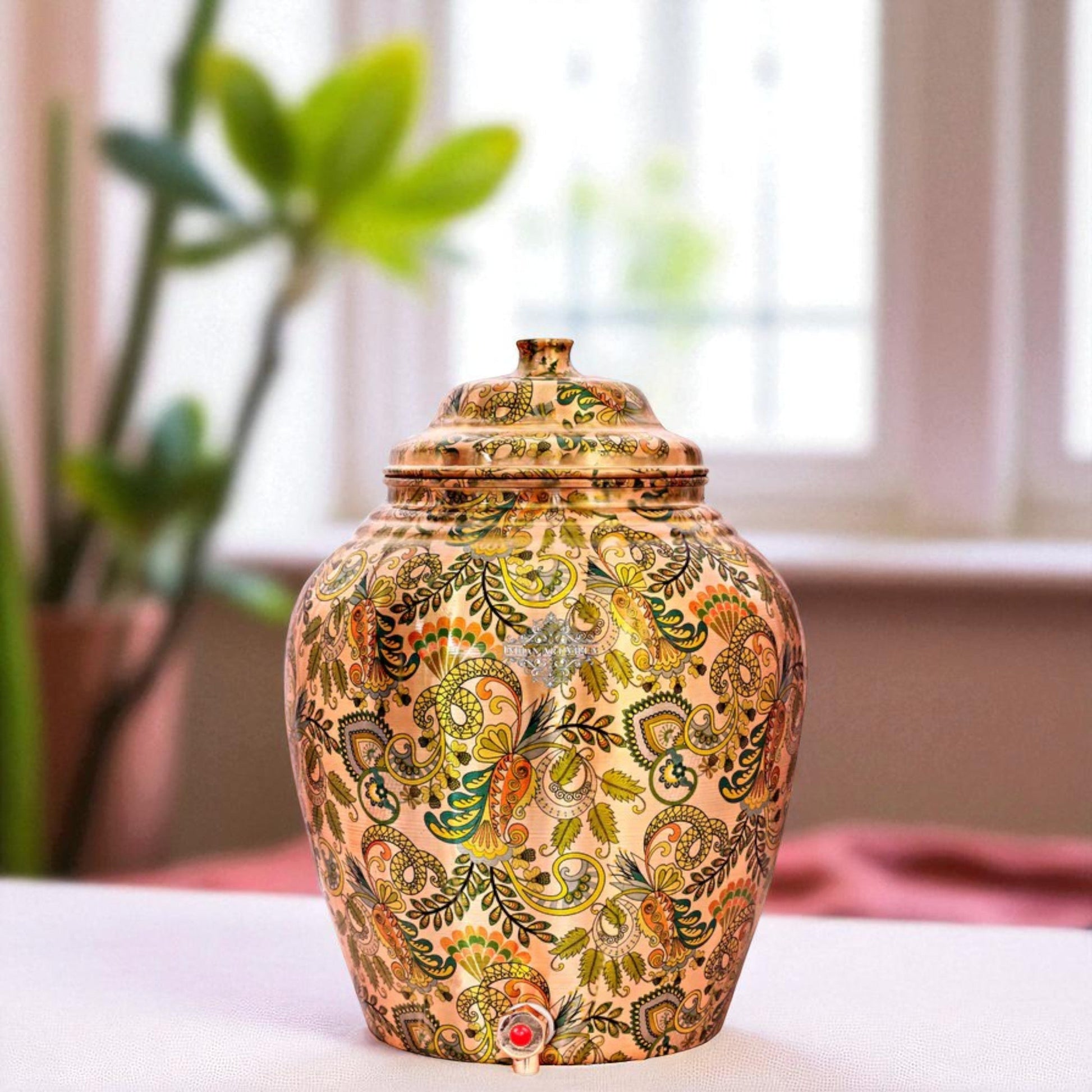 Handcrafted Pure Copper Water Pot with Leaf Design, Brown Color