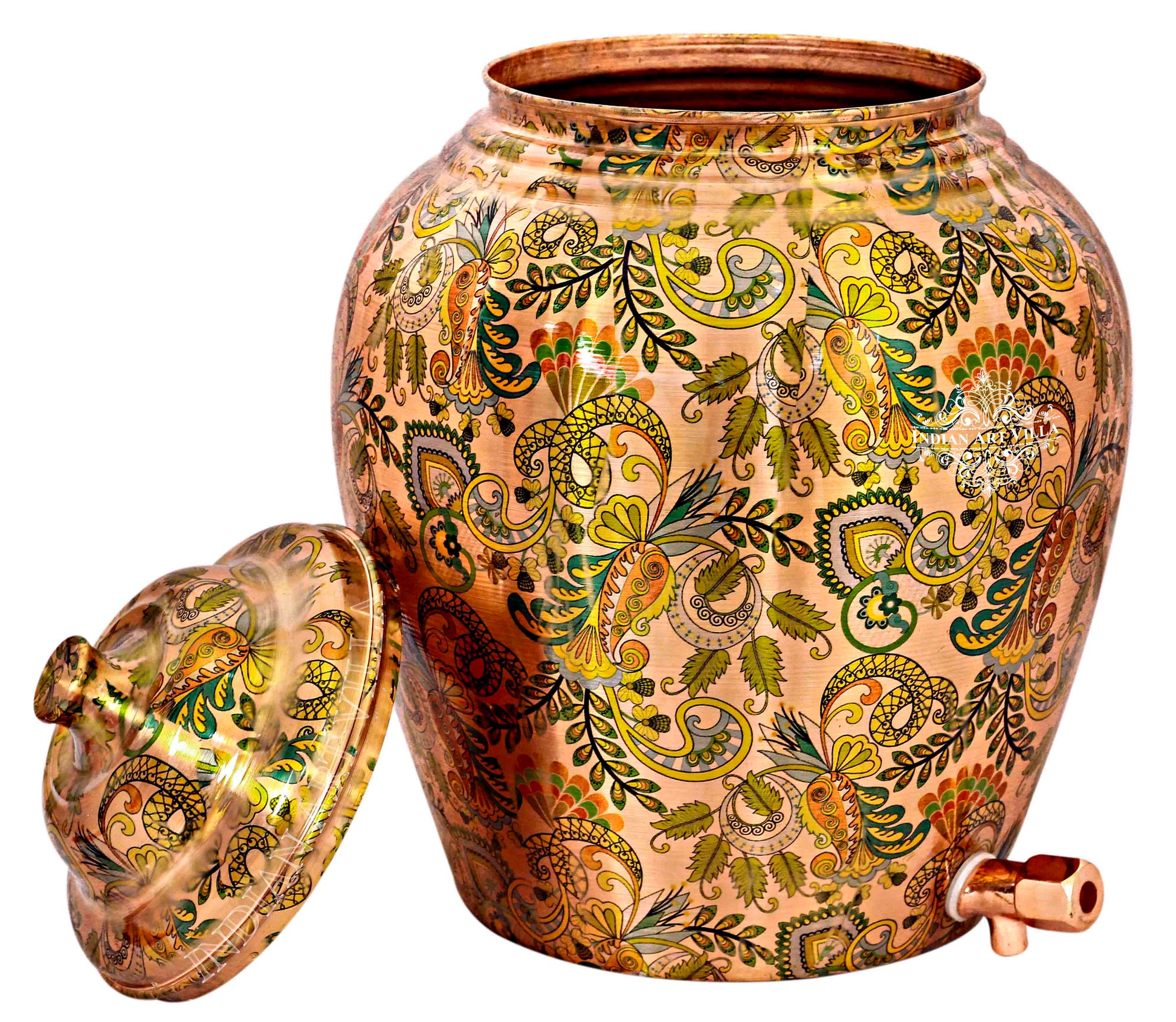 Handcrafted Pure Copper Water Pot with Leaf Design, Brown Color