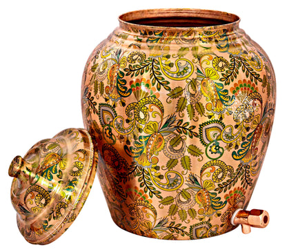 Handcrafted Pure Copper Water Pot with Leaf Design, Brown Color