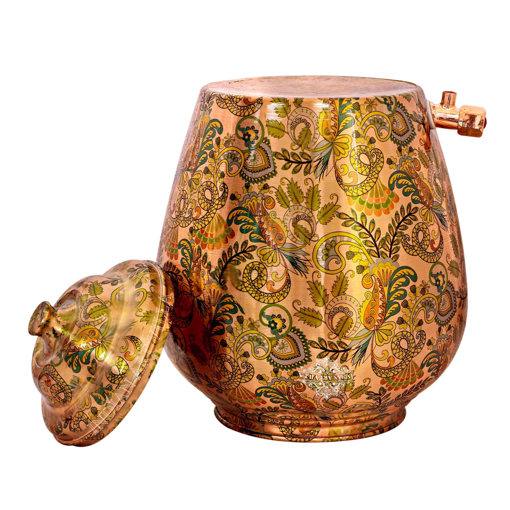 Handcrafted Pure Copper Water Pot with Leaf Design, Brown Color