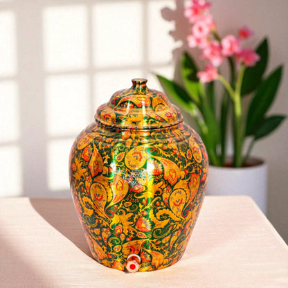 Handcrafted Pure Copper Green Flower Leaf Design Water Pot, Water Storages Pot, 13 Ltr.
