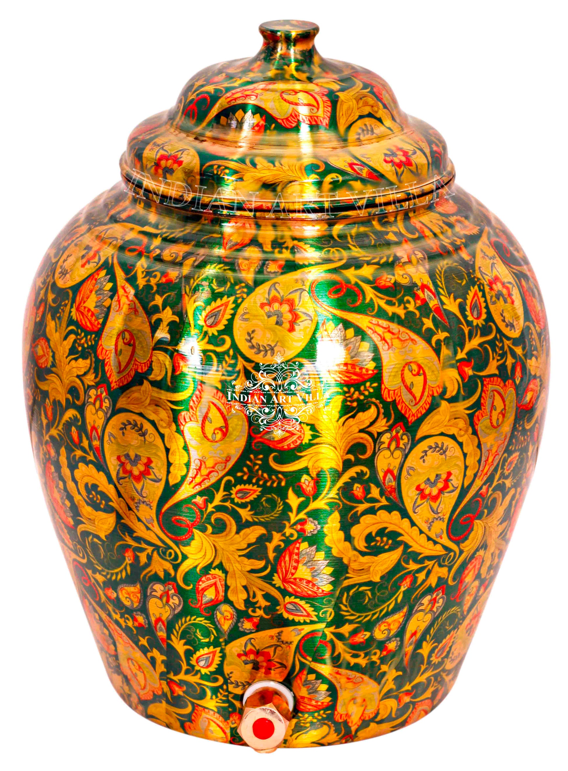 Handcrafted Pure Copper Green Flower Leaf Design Water Pot, Water Storages Pot, 13 Ltr.
