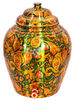 Handcrafted Pure Copper Green Flower Leaf Design Water Pot, Water Storages Pot, 13 Ltr.