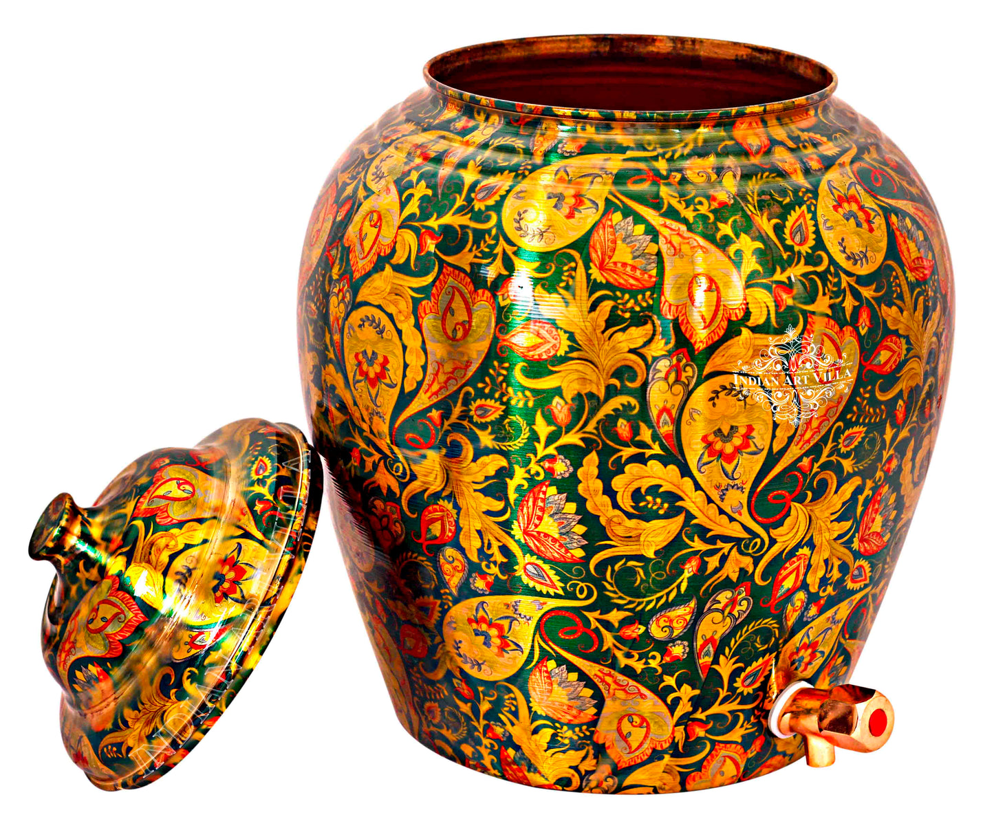 Handcrafted Pure Copper Green Flower Leaf Design Water Pot, Water Storages Pot, 13 Ltr.