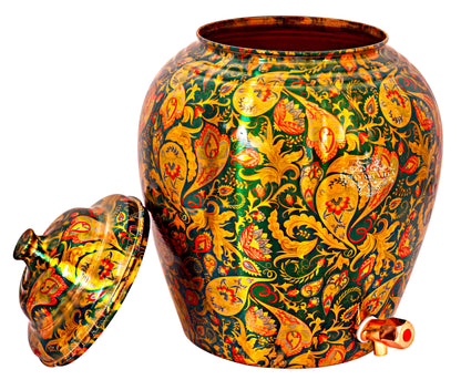 Handcrafted Pure Copper Green Flower Leaf Design Water Pot, Water Storages Pot, 13 Ltr.