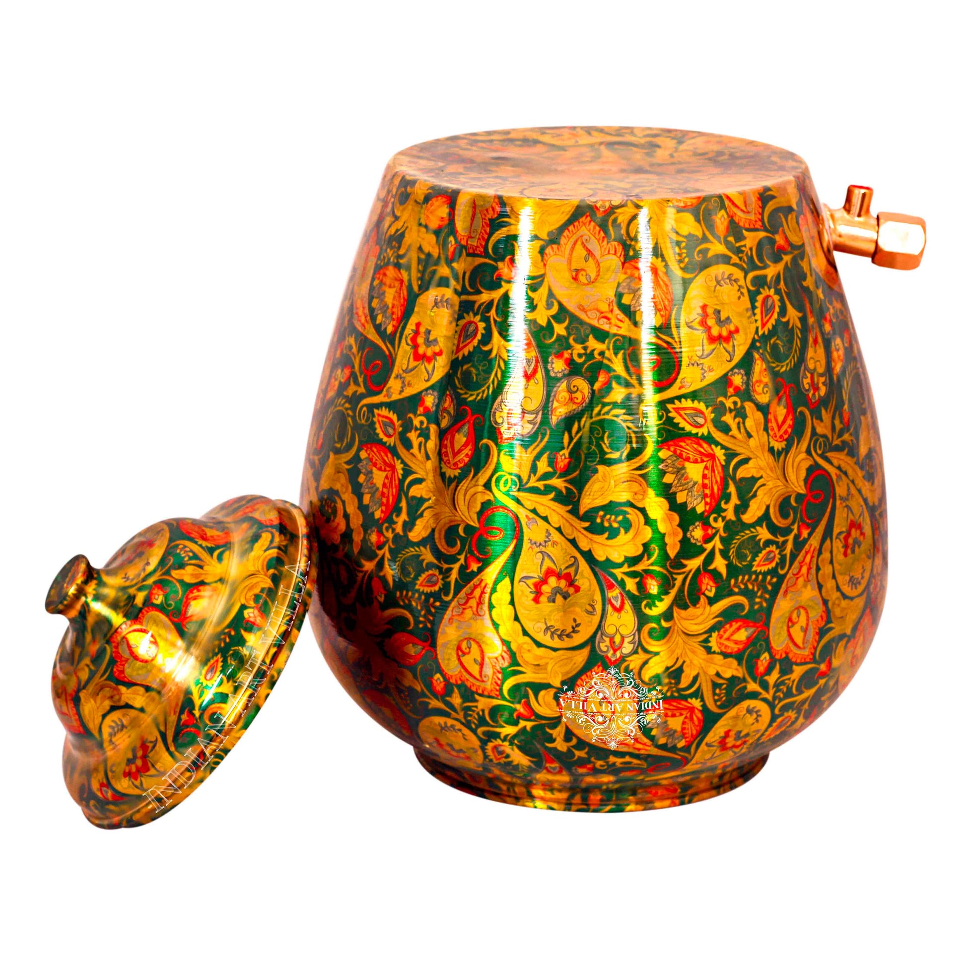 Handcrafted Pure Copper Green Flower Leaf Design Water Pot, Water Storages Pot, 13 Ltr.