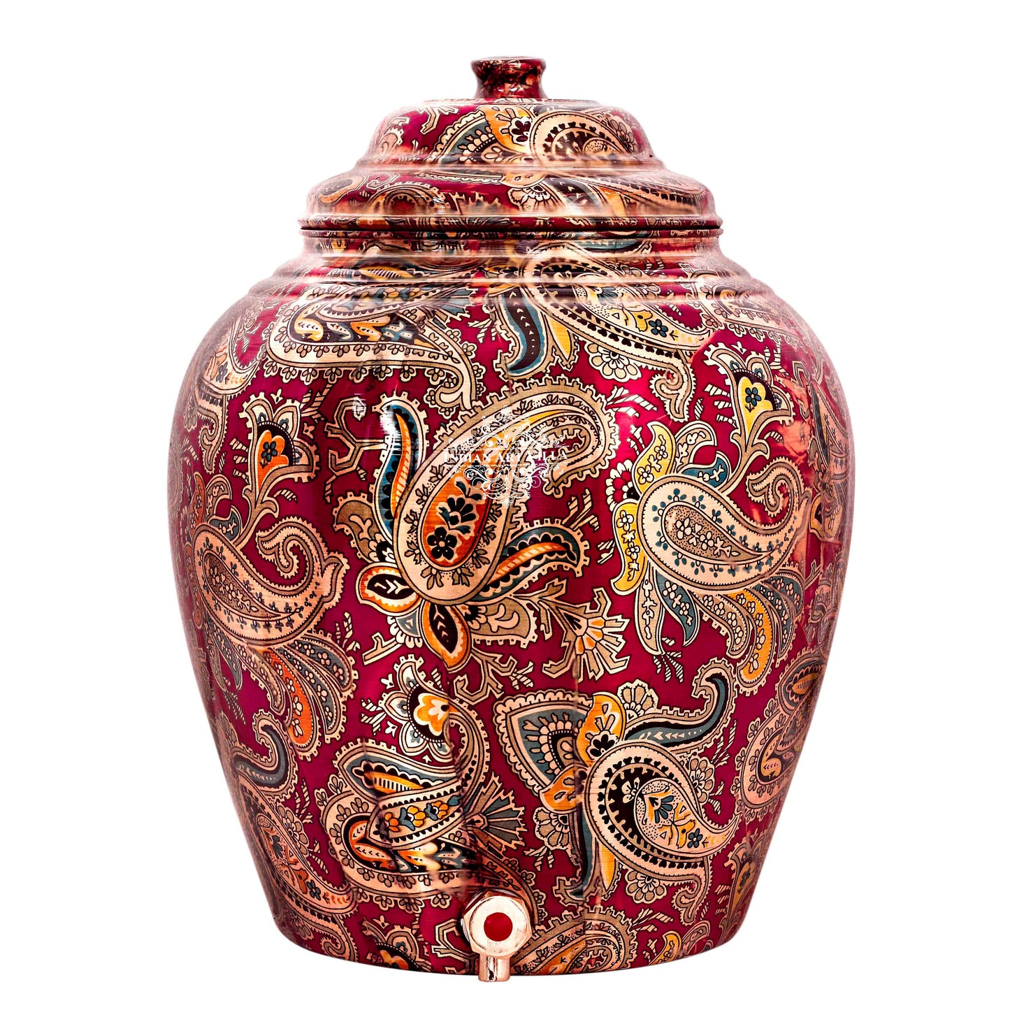 Handcrafted Pure Copper Water Pot with Maroon Printed Design, 13 Ltr.