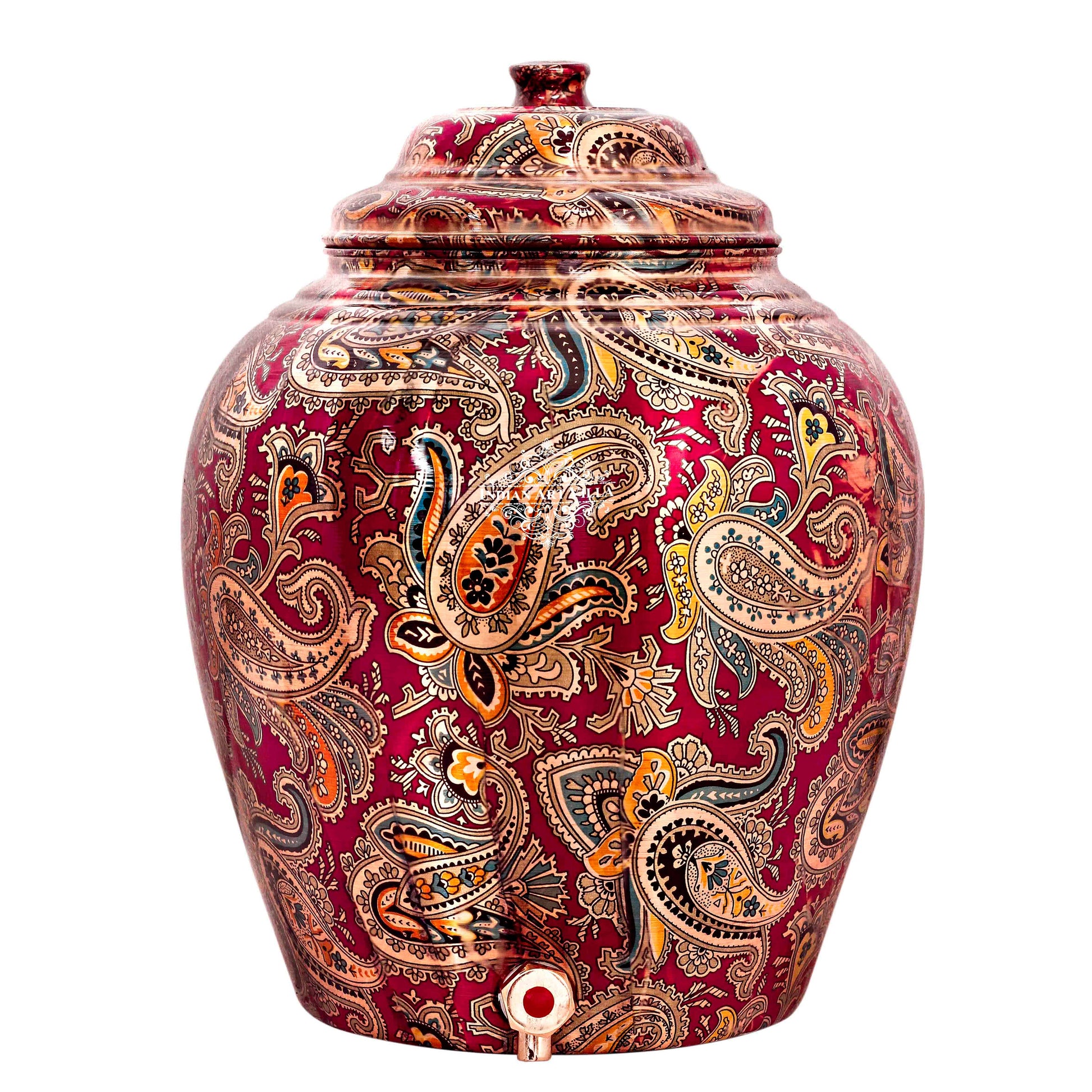 Handcrafted Pure Copper Water Pot with Maroon Printed Design, 13 Ltr.
