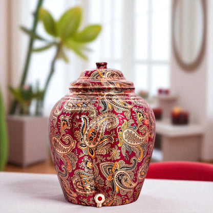 Handcrafted Pure Copper Water Pot with Maroon Printed Design, 13 Ltr.