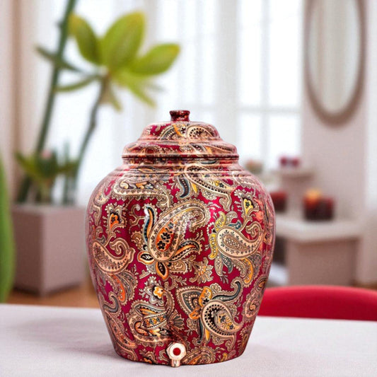Handcrafted Pure Copper Water Pot with Maroon Printed Design, 13 Ltr.