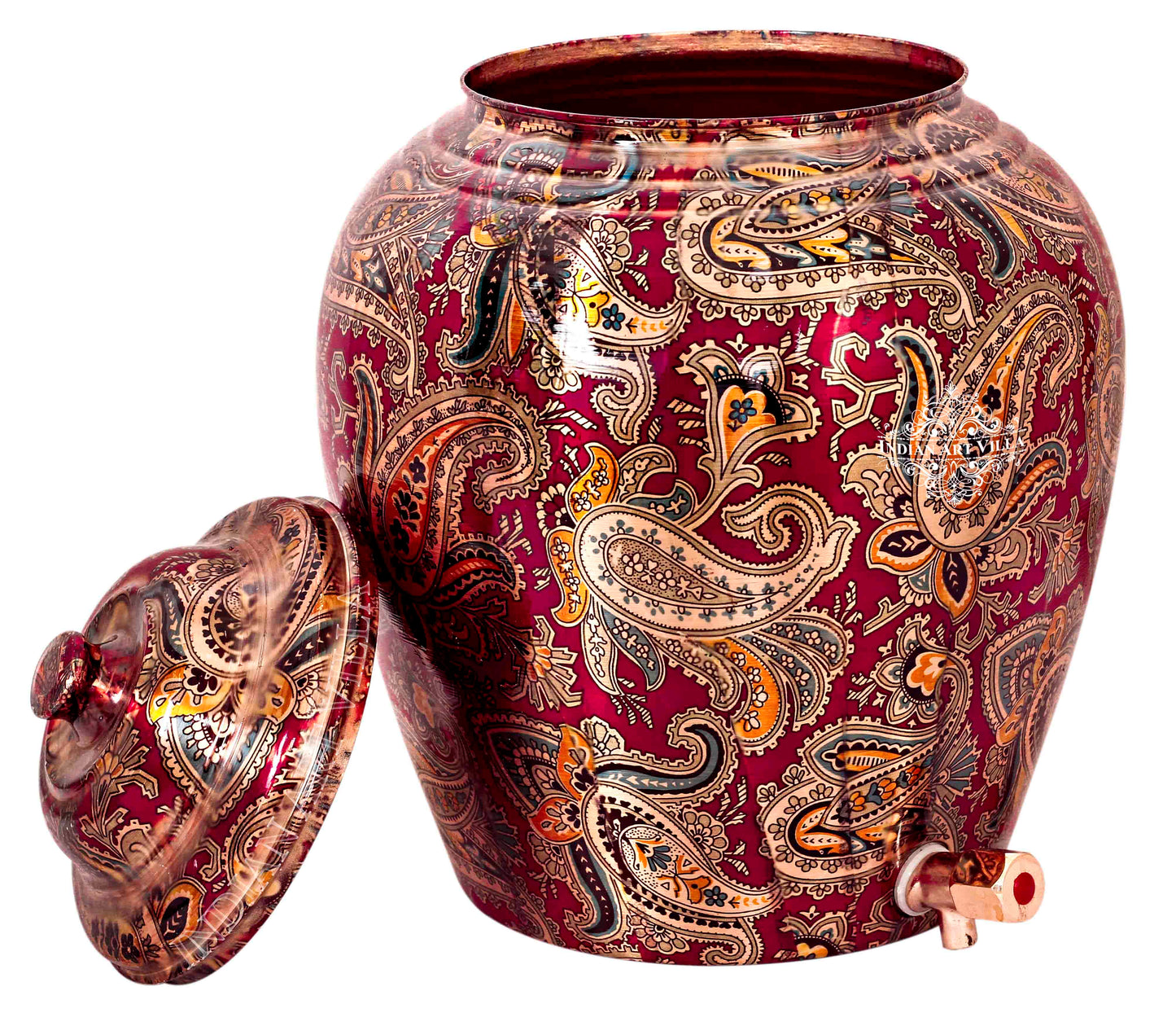 Handcrafted Pure Copper Water Pot with Maroon Printed Design, 13 Ltr.