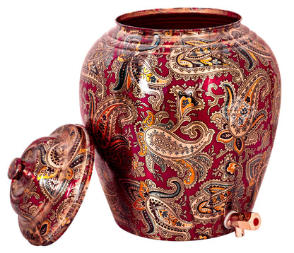 Handcrafted Pure Copper Water Pot with Maroon Printed Design, 13 Ltr.