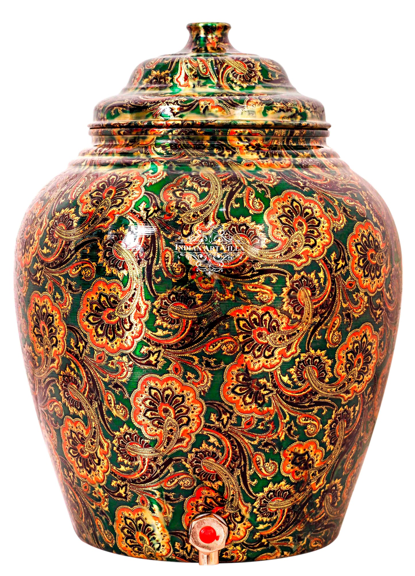 Handcrafted Pure Copper Water Pot with Printed Flower Design, 13 Ltr.