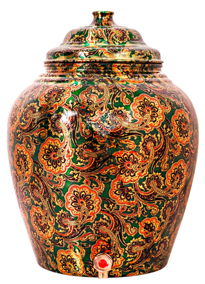 Handcrafted Pure Copper Water Pot with Printed Flower Design, 13 Ltr.