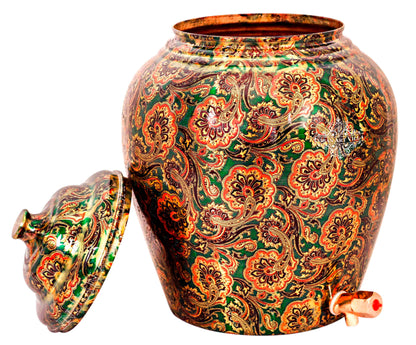 Handcrafted Pure Copper Water Pot with Printed Flower Design, 13 Ltr.