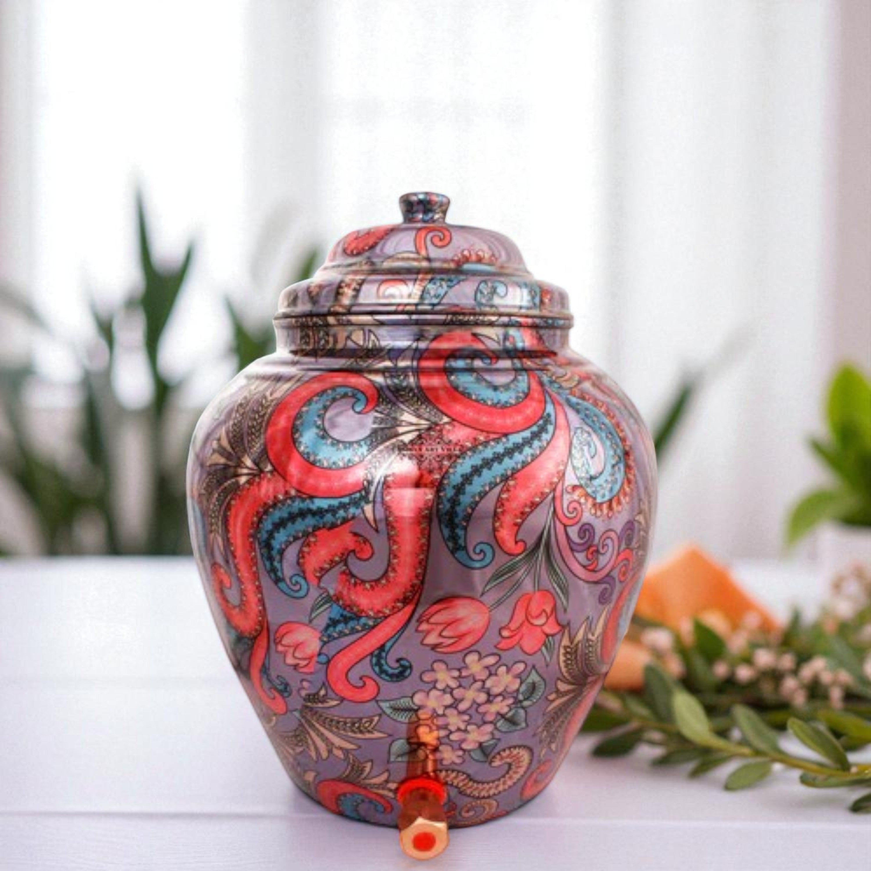 Handcrafted Pure Copper Floral Design Purple Water Pot – Velan Store