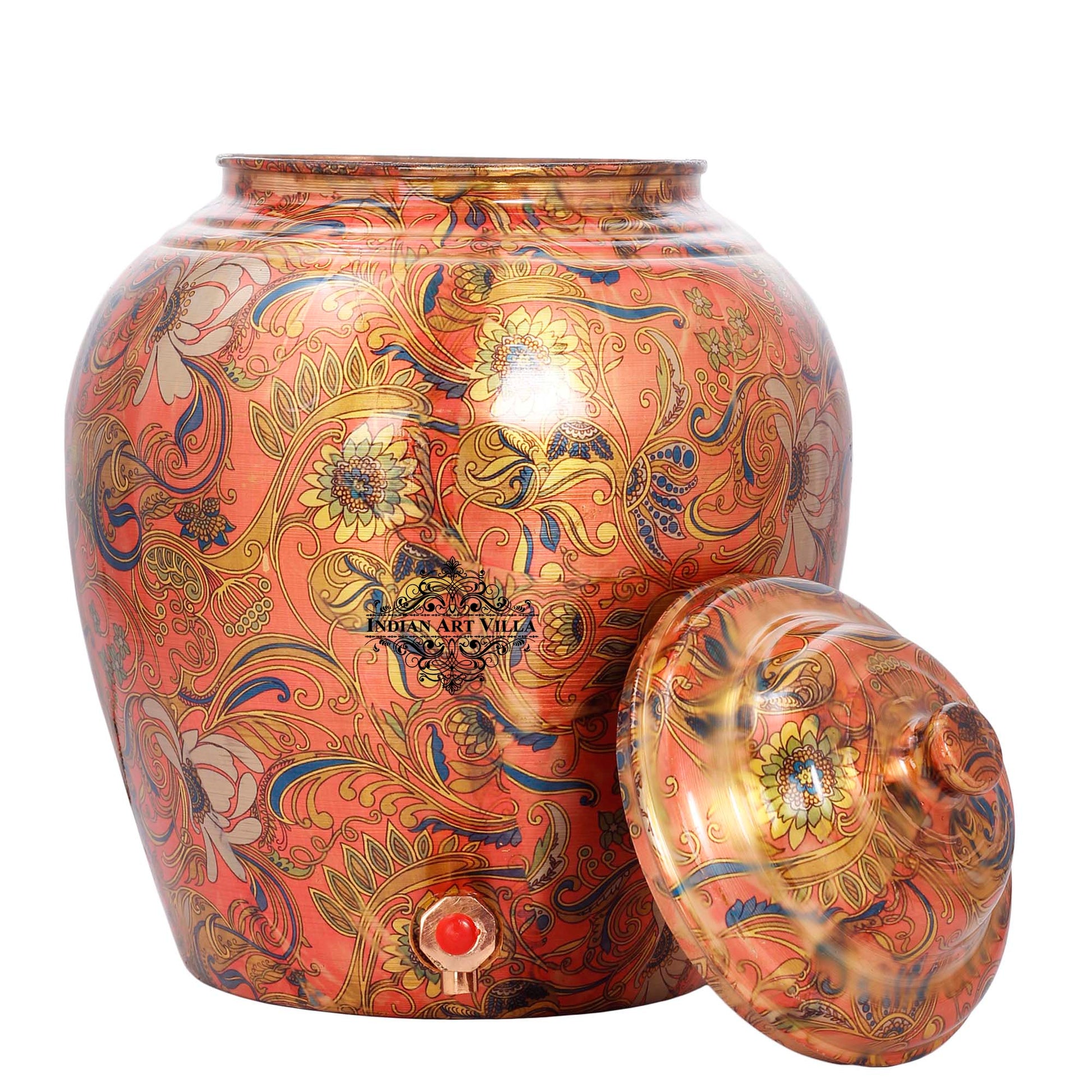 Printed Flower Design Copper Water Dispenser Pot Matka Storage Home Kitchen Garden