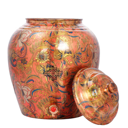 Printed Flower Design Copper Water Dispenser Pot Matka Storage Home Kitchen Garden