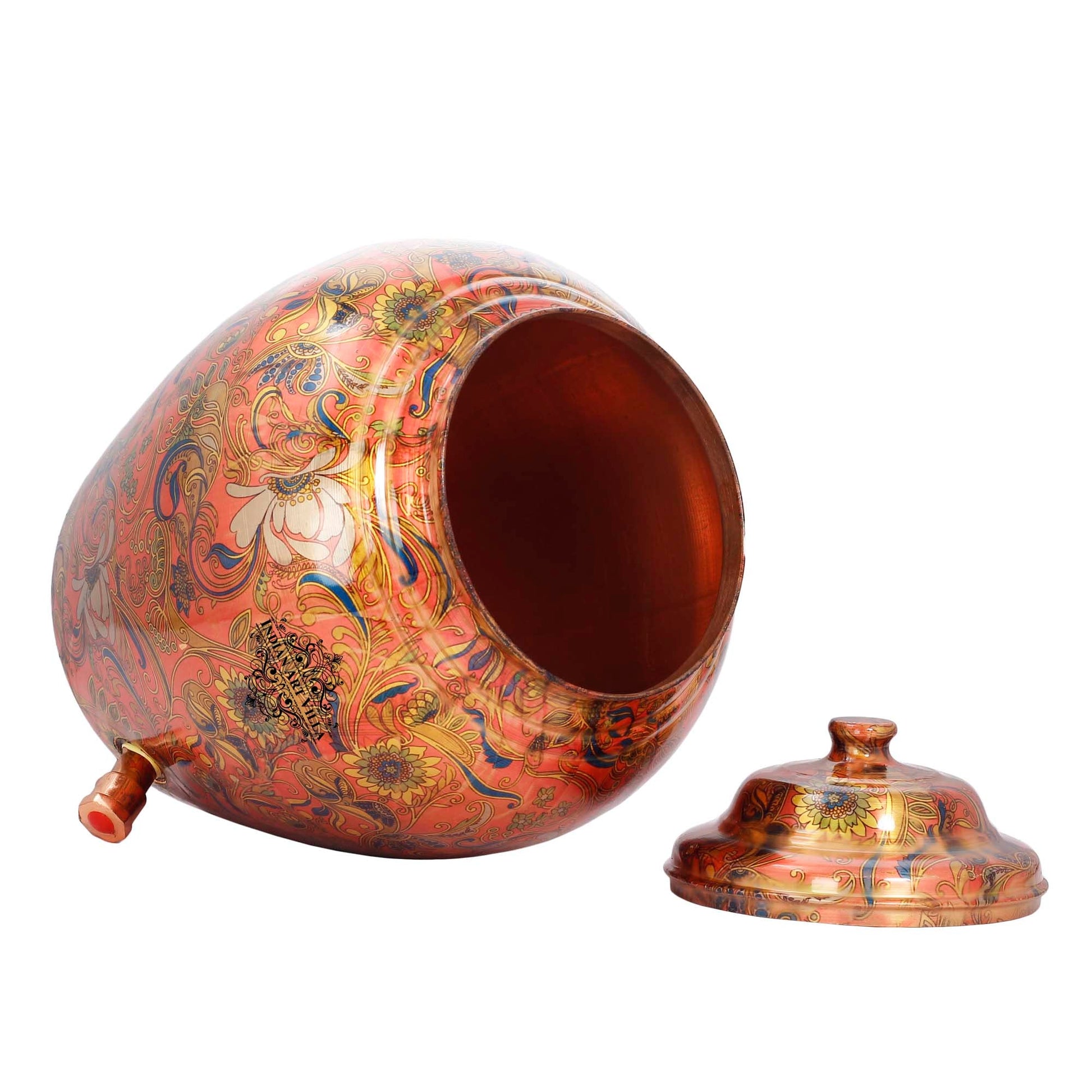 Printed Flower Design Copper Water Dispenser Pot Matka Storage Home Kitchen Garden