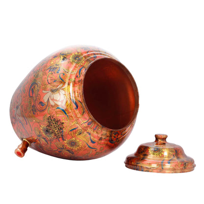 Printed Flower Design Copper Water Dispenser Pot Matka Storage Home Kitchen Garden