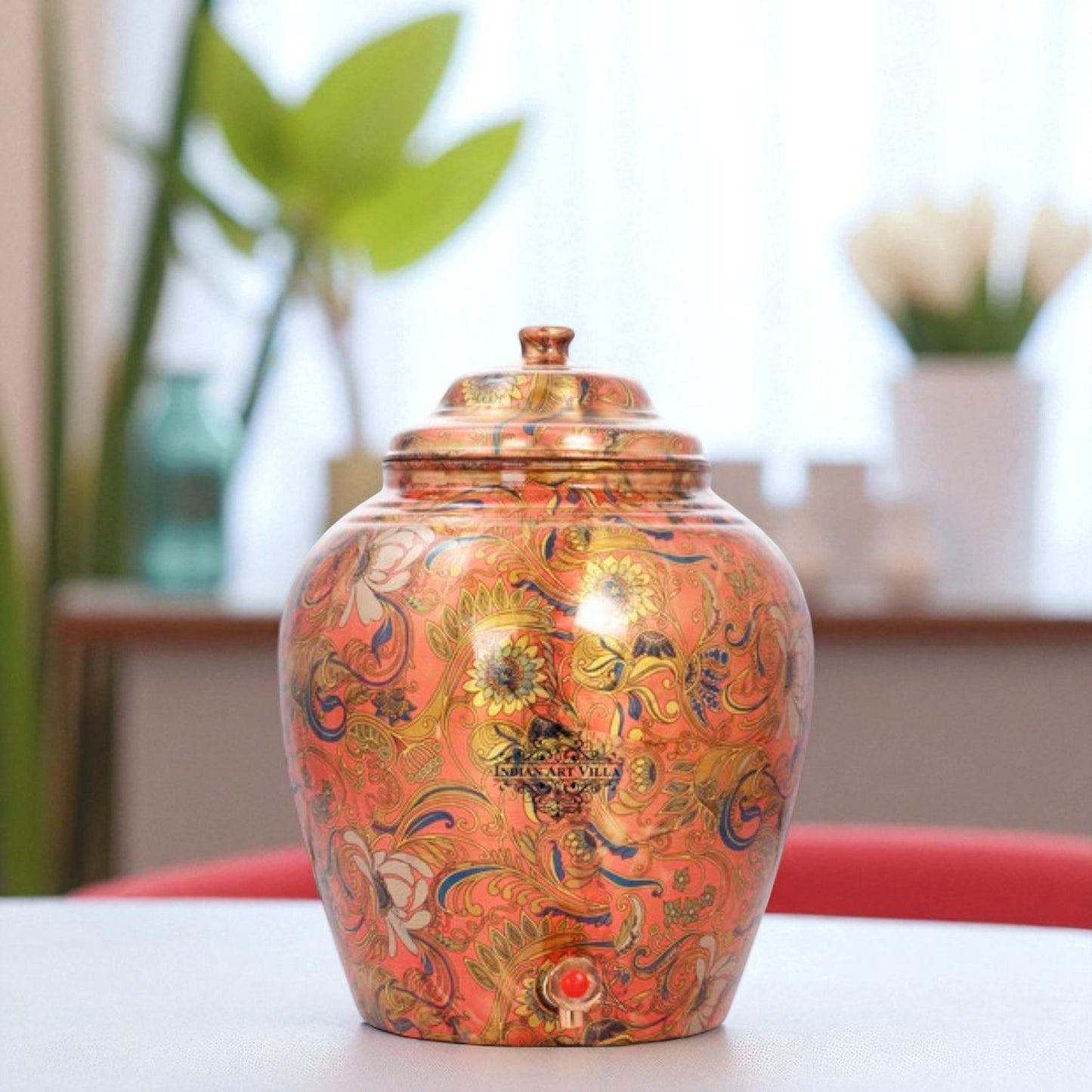 Printed Flower Design Copper Water Dispenser Pot Matka Storage Home Kitchen Garden