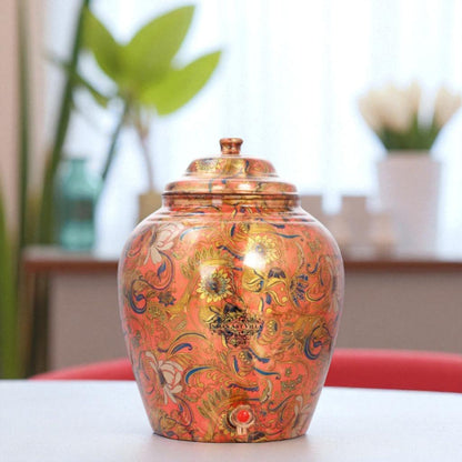 Printed Flower Design Copper Water Dispenser Pot Matka Storage Home Kitchen Garden